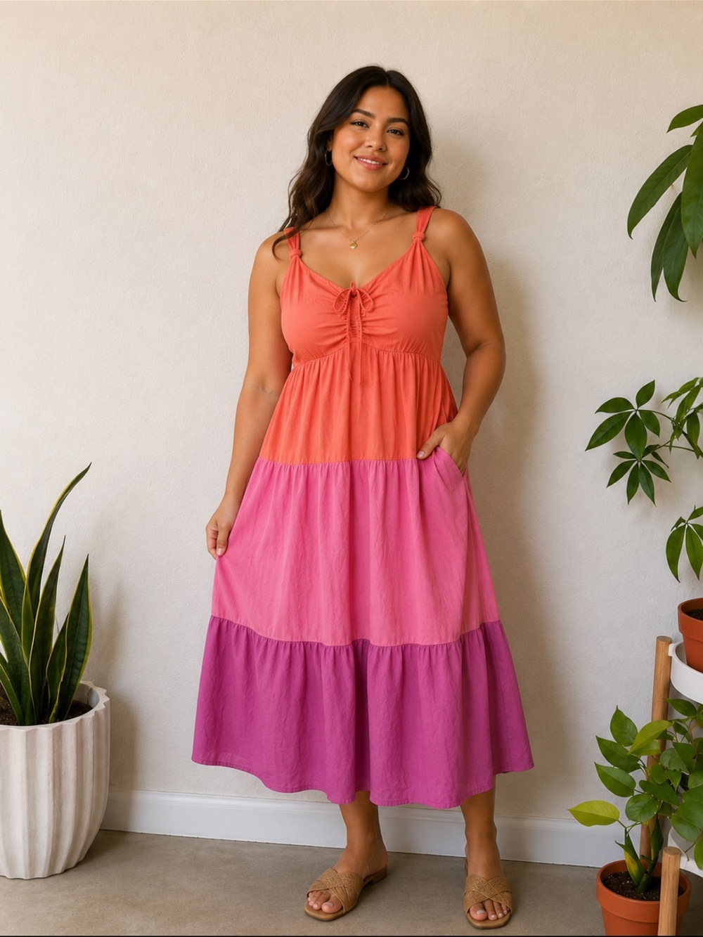Vibrant Terra & Sky Coral, Pink and Magenta Tiered Maxi Dress Size 0X